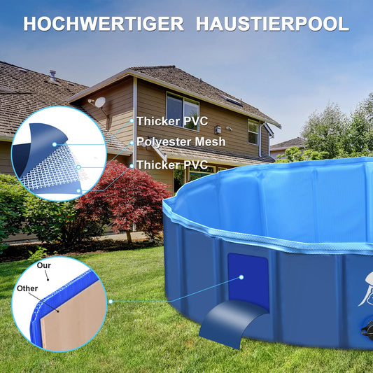 Fwiull Hundepool für Große & Kleine Hunde, Faltbarer Hunde Planschbecken 80 * 30CM Hundebadewanne Stabiler Swimmingpool Haustier Kind Schwimmbecken rutschfest Tragbar Blau