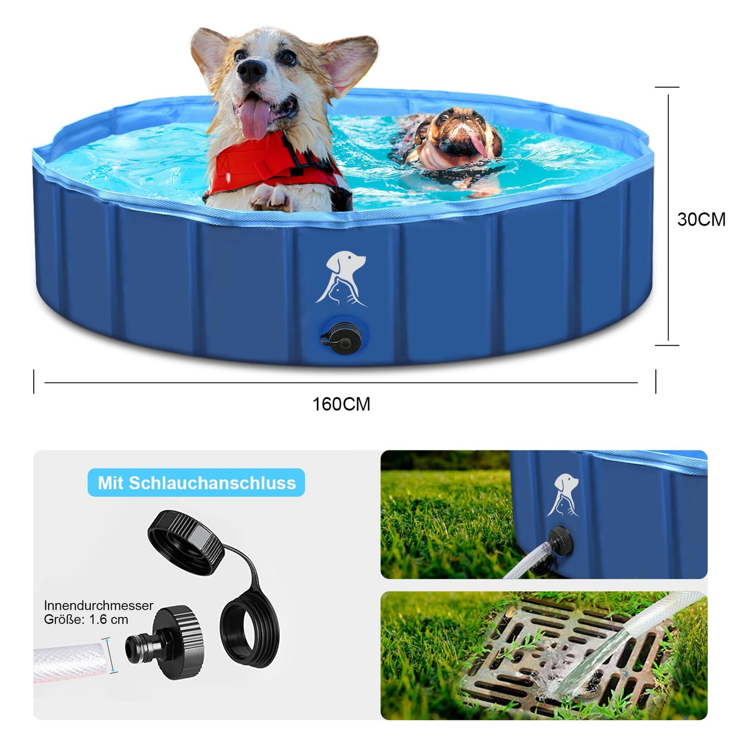 Fwiull Hundepool für Große & Kleine Hunde, Faltbarer Hunde Planschbecken 80 * 30CM Hundebadewanne Stabiler Swimmingpool Haustier Kind Schwimmbecken rutschfest Tragbar Blau