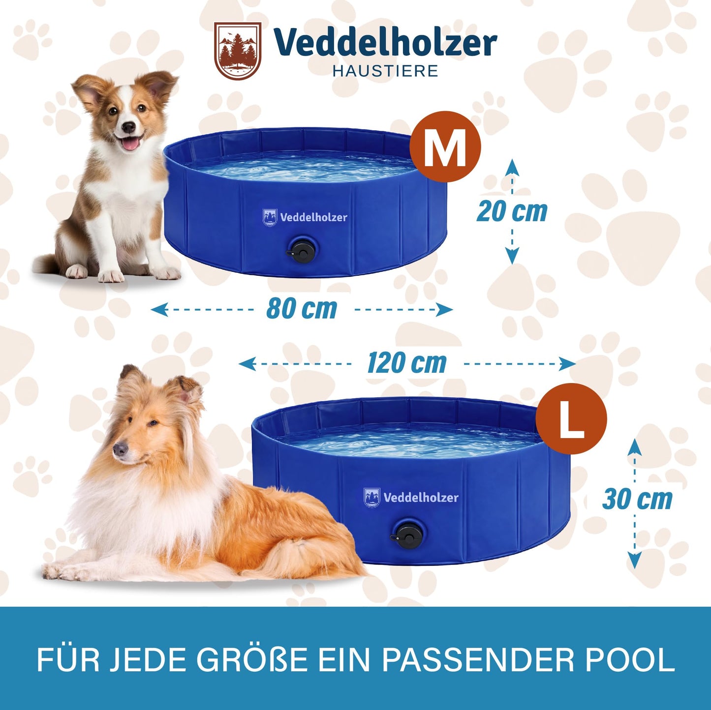 Veddelholzer Faltbarer Hundepool (M) 80 x 20 cm rutschfest – Robuster Hunde Swimmingpool platzsparend & stabil, ideal für Garten & Balkon, schneller Aufbau ohne Aufpumpen, für kleine & große Hunde