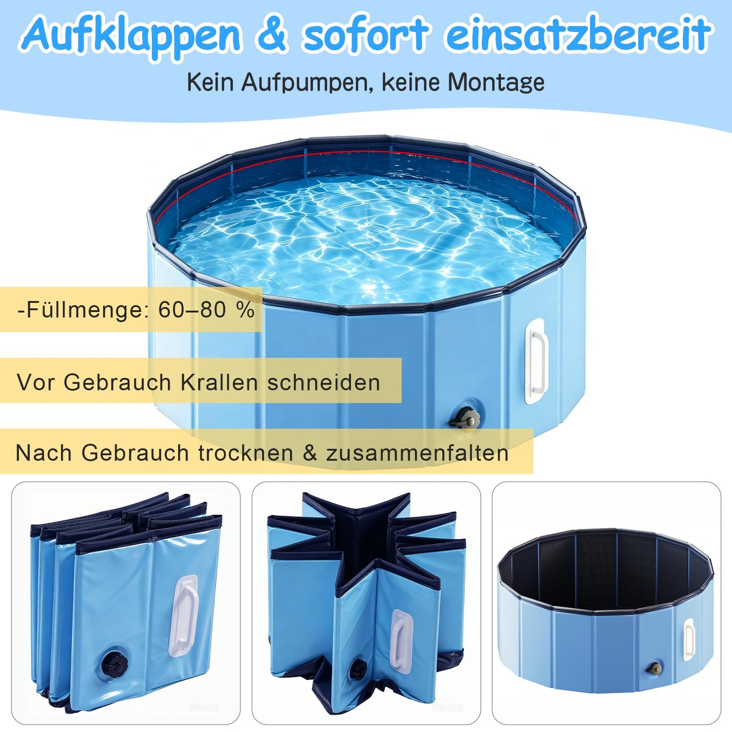 DEWEL Hundepool Faltbar Ø80 x H30 cm für kleine Hunde