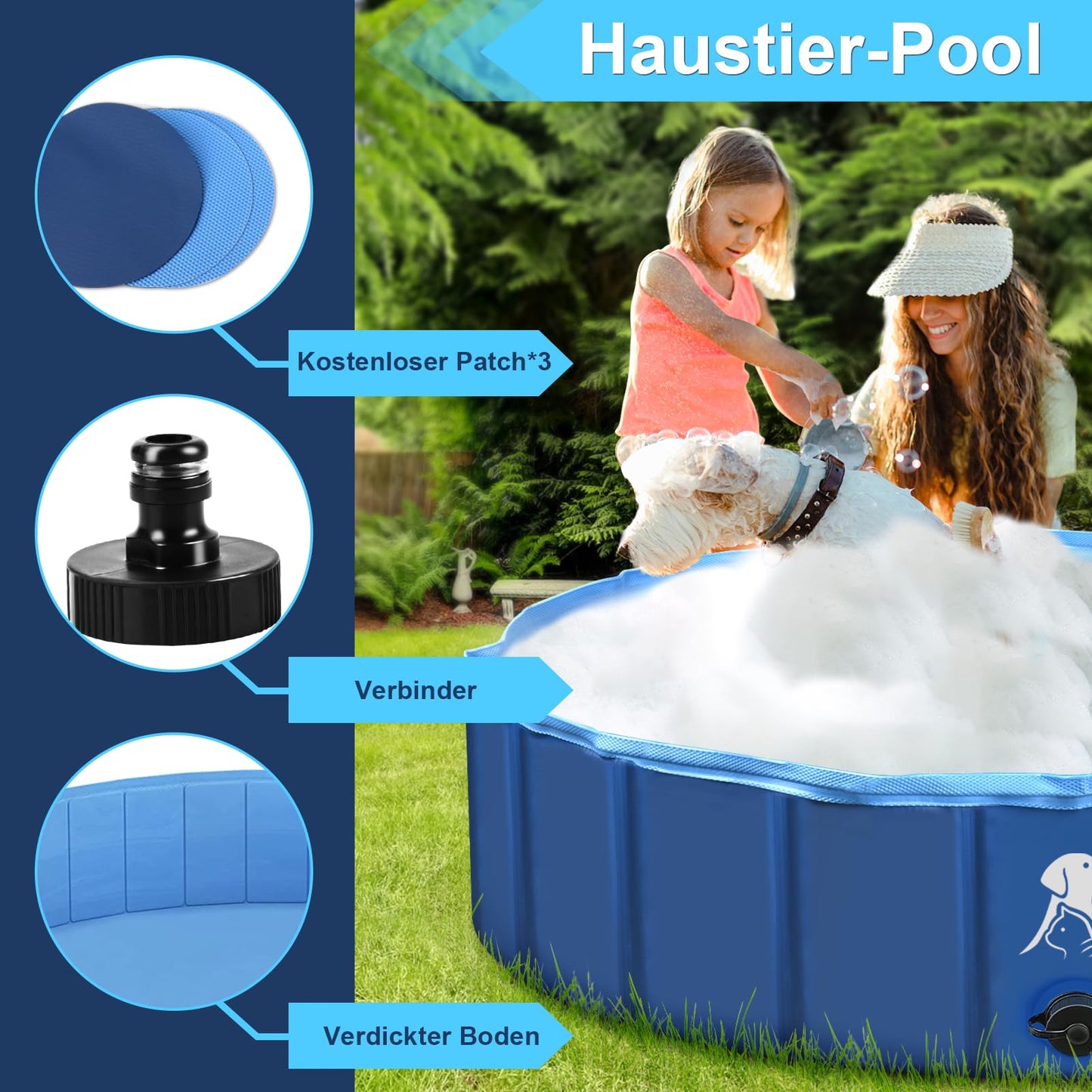 Fwiull Hundepool für Große & Kleine Hunde, Faltbarer Hunde Planschbecken 80 * 30CM Hundebadewanne Stabiler Swimmingpool Haustier Kind Schwimmbecken rutschfest Tragbar Blau