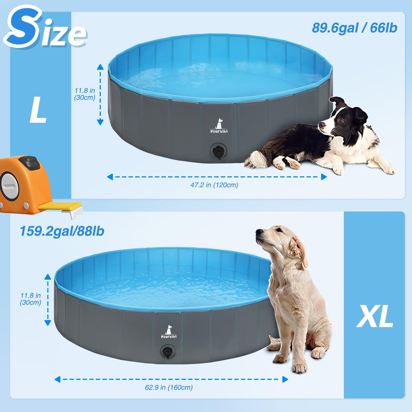 Pourbibi Hundepool fur Große Hunde, Faltbare Hund Schwimmbecken Hundebadewanne, rutschfest Dog Pool Planschbecken für Kinder und Hunde,120 x 30 cm