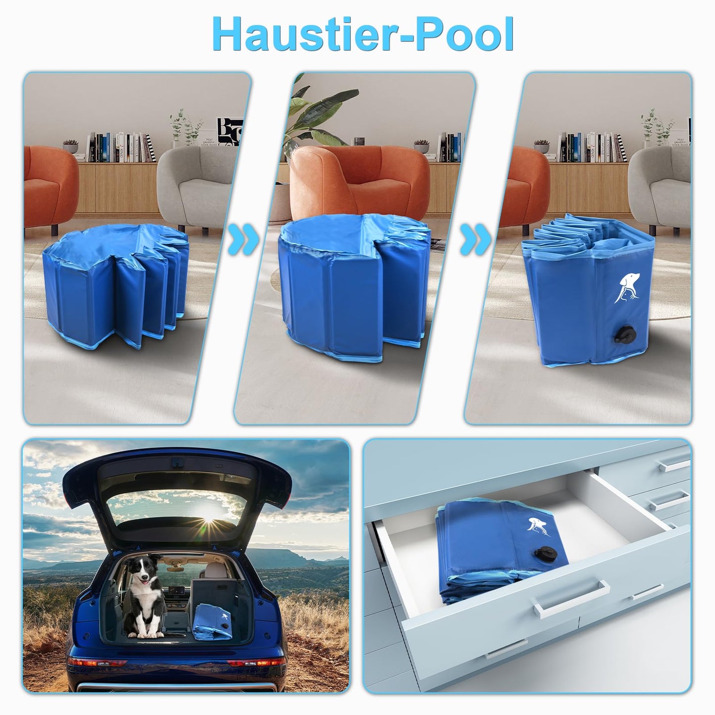 Fwiull Hundepool für Große & Kleine Hunde, Faltbarer Hunde Planschbecken 80 * 30CM Hundebadewanne Stabiler Swimmingpool Haustier Kind Schwimmbecken rutschfest Tragbar Blau