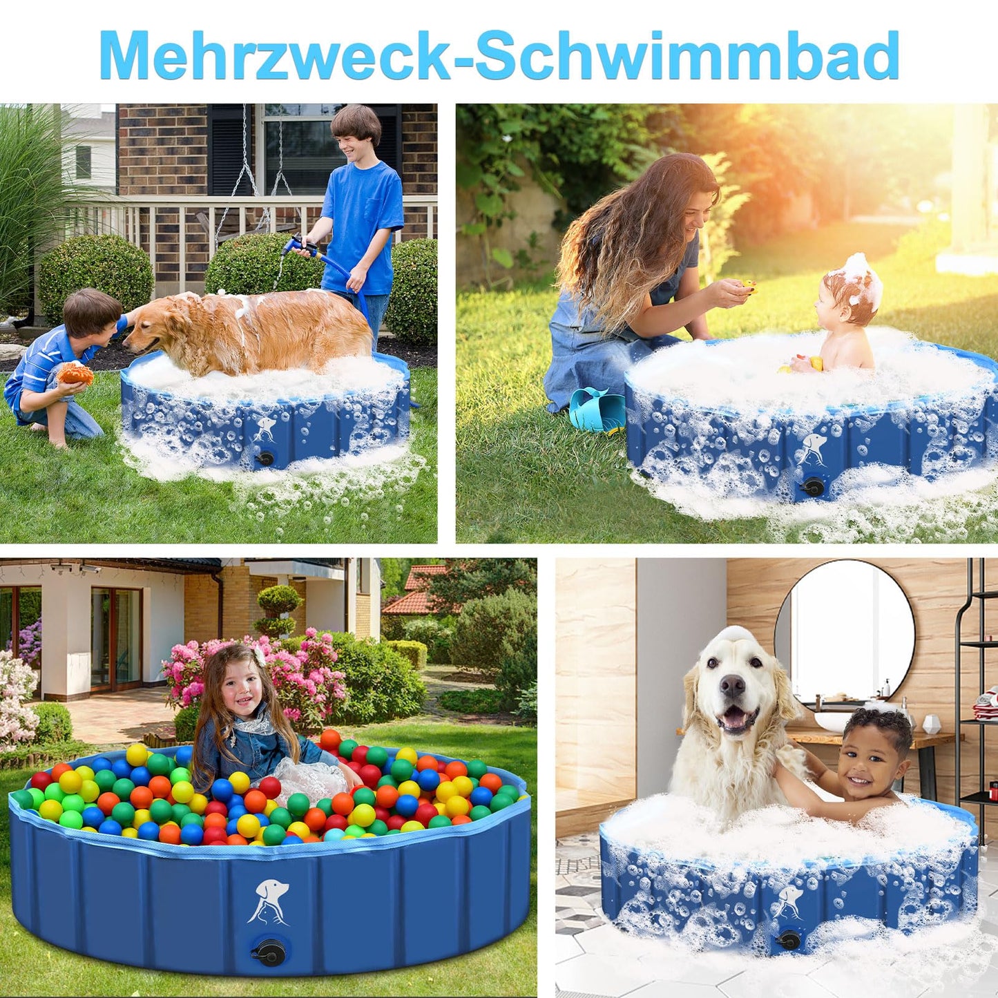 Fwiull Hundepool für Große & Kleine Hunde, Faltbarer Hunde Planschbecken 80 * 30CM Hundebadewanne Stabiler Swimmingpool Haustier Kind Schwimmbecken rutschfest Tragbar Blau