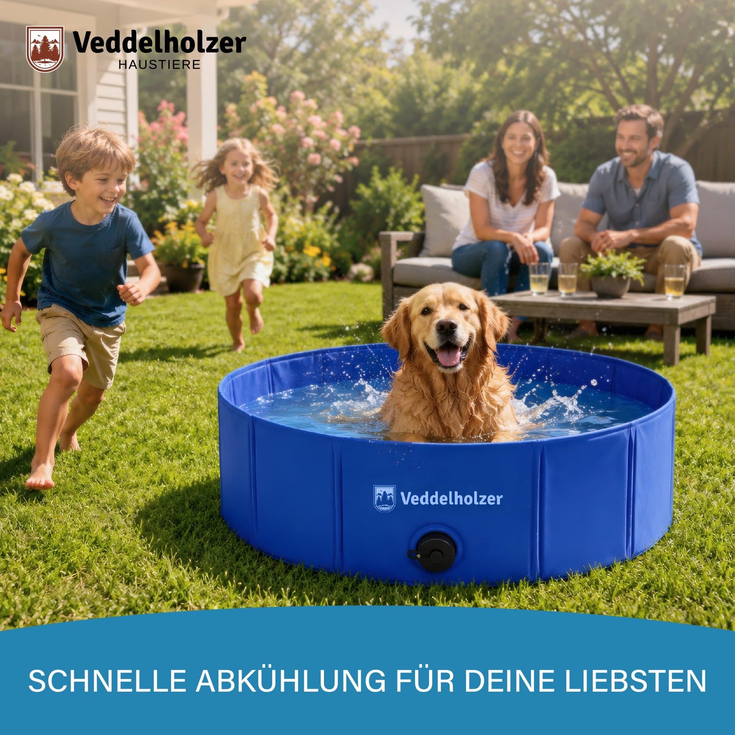 Veddelholzer Faltbarer Hundepool (M) 80 x 20 cm rutschfest – Robuster Hunde Swimmingpool platzsparend & stabil, ideal für Garten & Balkon, schneller Aufbau ohne Aufpumpen, für kleine & große Hunde
